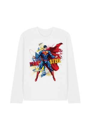 Weißes Langarmshirt mit farbenfroher Grafik von Superman im blauen Anzug und rotem Umhang, mit "Man of Steel" Text und comicartigen Hintergrundelementen.