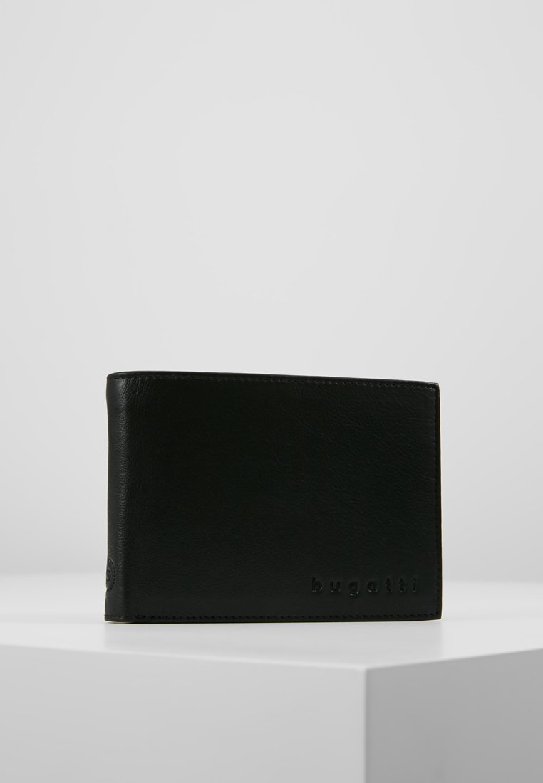 Portefeuille bifold en cuir noir avec texture lisse, logo en relief et bords nets. Design compact adapté aux cartes et aux billets.