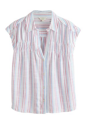 Chemise blanche à manches courtes avec boutons, rayures verticales bleues et rouges, col pointu, en lin léger.