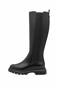 Bottes noires arrivant au genou, en cuir lisse avec des panneaux élastiques sur les côtés, dotées d'une semelle en caoutchouc épaisse et texturée, et d'une languette pour un enfilage facile.