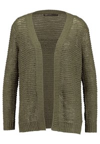 Cardigan aperto realizzato in morbido materiale knit di colore verde oliva. Presenta una trama ampia e testurizzata e polsini a coste per un aspetto leggero.