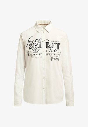 Weißes Langarmhemd mit Knopfverschluss, schwarzem Aufdruck und dekorativen Nähten. Baumwollmaterial; klassischer Kragen.