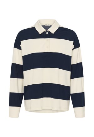 Chemise de rugby à manches longues avec larges rayures horizontales bleu marine et blanches et un col boutonné blanc.
