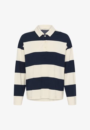 Langärmliges Rugbyshirt mit breiten horizontalen Streifen in Marineblau und Weiß sowie weißem, geknöpftem Kragen.