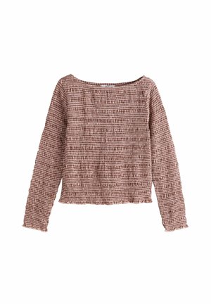 Top cropped cu mâneci lungi, texturat, de culoare maro deschis, cu decolteu pătrat și detalii de țesătură adunată, pliseată.