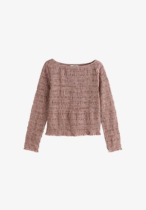 Długorękawowy, teksturowany jasnobrązowy krótki top z kwadratowym dekoltem i marszczonymi, drapowanymi detalami tkaniny.