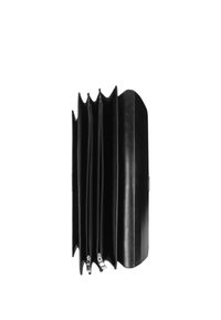 Black leather wallet with four zippered compartments, sleek design, smooth texture, and rounded edges for a modern look.