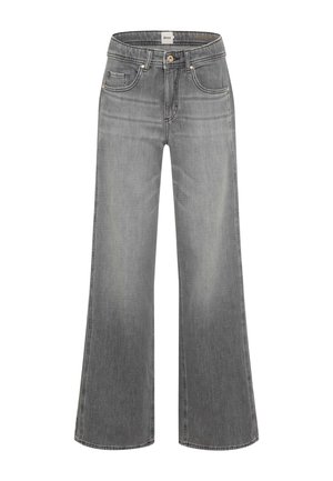 Jean en denim gris à jambes larges avec bouton et fermeture éclair à l'avant, poches avant et poche monnaie, et passants pour ceinture, posé à plat sur fond blanc.