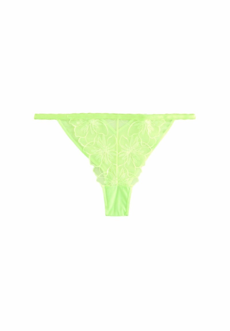 Neon zelena tanga gaćice s cvjetnim vezom, prozirni mrežasti materijal, tanke bočne trake i glatka tekstura.