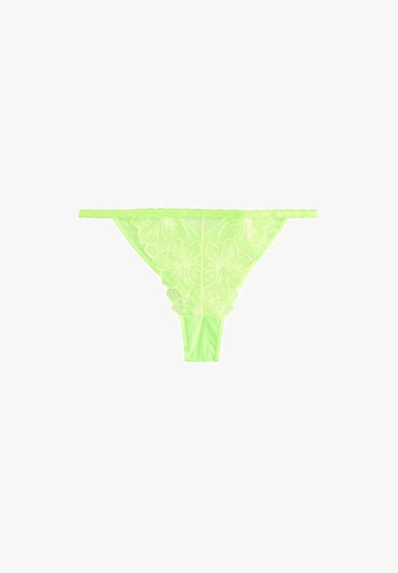 Neon green thong with floral embroidery, sheer mesh material, thin side straps, and a smooth texture.