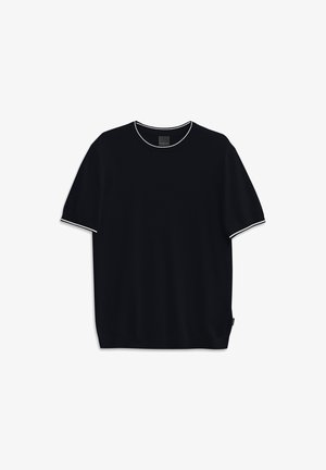 Black short-sleeve t-shirt with a round neckline, featuring a contrasting white trim on the collar and sleeves. Soft, smooth fabric texture.