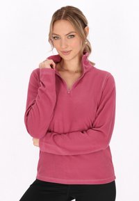Fleece pullover in roze met een halve rits, lange mouwen en een zachte textuur. Heeft een licht verhoogde kraag. Eenvoudig, casual ontwerp.