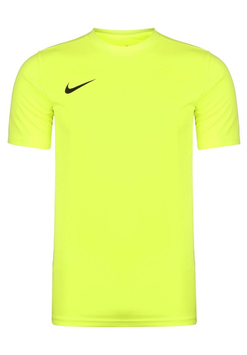 Jasnożółta koszulka z krótkim rękawem wykonana z lekkiego materiału. Posiada czarne logo Nike na lewej piersi. Okrągły dekolt o gładkiej fakturze.