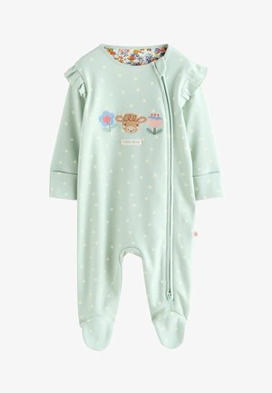 Svetlo modra enodelna obleka s pikami, z ruffle rokavi, sprednjim zadrgo in izvezenimi vzorci krave in cvetja. Mehko, raztegljivo bombažno blago.