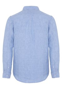 Helles blaues Langarmhemd aus Leinen mit einem klassischen Kragen, Knopfmanschetten und einer Rückenfalte für zusätzlichen Stil und Komfort.