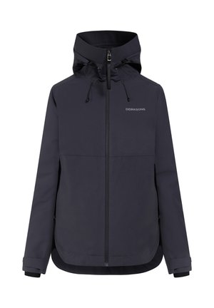 Donkerblauw jack met ritssluiting aan de voorkant, verstelbare capuchon en elastische manchetten. Gemaakt van een glad, waterbestendig stof met minimale branding.