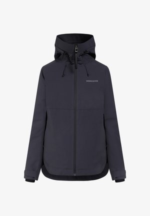 Donkerblauw jack met ritssluiting aan de voorkant, verstelbare capuchon en elastische manchetten. Gemaakt van een glad, waterbestendig stof met minimale branding.