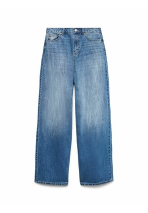 Siniset farkut leveillä lahkeilla, napilla ja vetoketjulla suljettuna, klassisella viiden taskun muotoilulla, esiteltynä litteänä valkoista taustaa vasten.