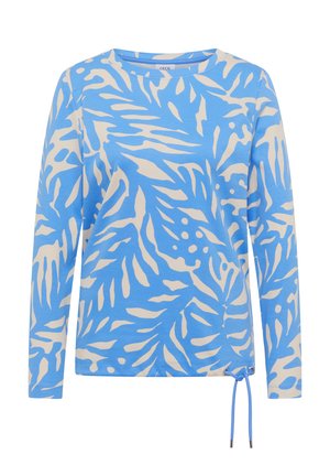 Langärmeliges blau-beiges Top mit abstraktem Blattmuster und verstellbarem Kordelzug am Saum, rundem Ausschnitt, legerer Passform.