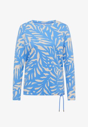 Langærmet blåt og beige top med abstrakt bladmønster og justerbar snøre i kanten, rund halsudskæring, afslappet pasform.