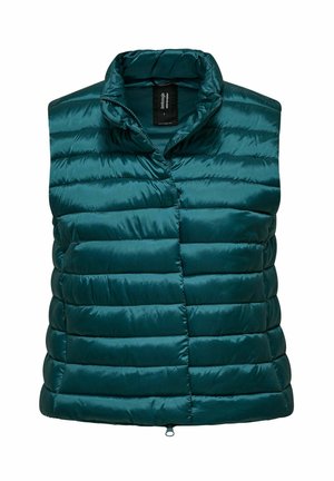 Veste sans manches matelassée bleu sarcelle avec surpiqûres horizontales, col montant et fermeture éclair frontale.