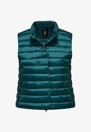 Donkergroene mouwloze puffer-vest met horizontale stiksels, hoge kraag en ritssluiting aan de voorkant.