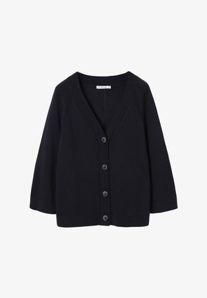 Mustast kootud kardigan V-kaelusega, pikad varrukad, soonikkoes äärtega ja neli ees olevat nööpi, laotatud valgele taustale.