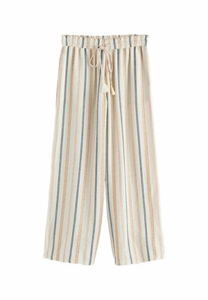 Lockere, weit geschnittene Hosen mit vertikalen schwarzen, beigen und orangen Streifen, elastischem Bund und vorderem Tunnelzug mit Quasten.