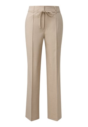 Beige maßgeschneiderte Hosen mit einem Kordelzug in der Taille, flachem Vorderteil und gerade geschnittenem Bein. Glatte Textur und dezentes gewebtes Muster durchgehend.