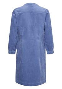 Abito in velluto a coste blu con maniche lunghe, polsini elasticizzati e un semplice scollo rotondo. Presenta una texture a coste verticali su tutta la superficie.
