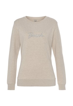Beige sweatshirt with long sleeves, crew neck, and a slightly textured knit. Features silver embroidered "Bench" text on the front.