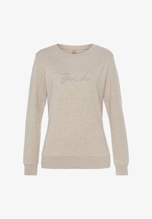 Beiger Sweatshirt mit langen Ärmeln, Rundhalskragen und einem leicht strukturierten Strick. Mit silberner Stickerei des Schriftzugs "Bench" auf der Vorderseite.