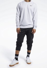 Szara bluza z długimi rękawami i ściągaczami przy mankietach, zestawiona z czarnymi spodenkami dresowymi. Białe sneakersy mają gumową podeszwę, a czarne skarpetki są w paski.