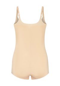 Body beige con spalline sottili e regolabili, texture liscia e design aderente, caratterizzato da un collo dritto e una schiena senza cuciture.