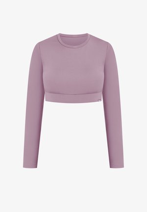 Mouwloze croptop in licht lila stof, met een gladde textuur, ronde halslijn, met een naad aan de voorkant en een klein logo-accent.
