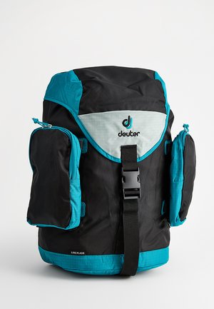Zaino nero e turchese con un ampio scomparto principale, due tasche laterali, una fibbia per cinghia e una superficie in tessuto liscia e strutturata.