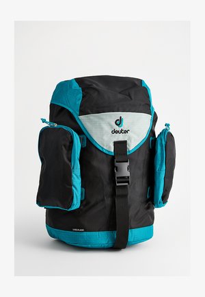 Zaino nero e turchese con un ampio scomparto principale, due tasche laterali, una fibbia per cinghia e una superficie in tessuto liscia e strutturata.