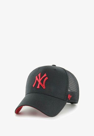 Black baseball cap with red New York logo, featuring a solid front panel, mesh back, and red underbrim accent. Soft fabric texture.