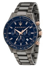 Maserati ur med en mørkeblå skive, stålkasse, tre under-skiver, roseguld detaljer og metal kæde. Vandafvisende op til 100 m.