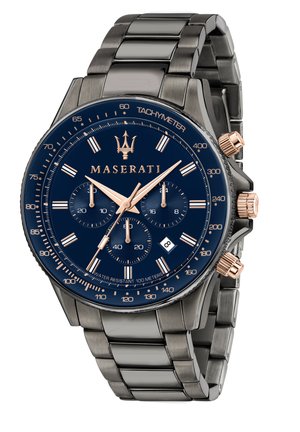 Maserati watch with a navy blue dial, stainless steel case, three sub-dials, rose gold accents, and a metal link bracelet. Water-resistant up to 100m.