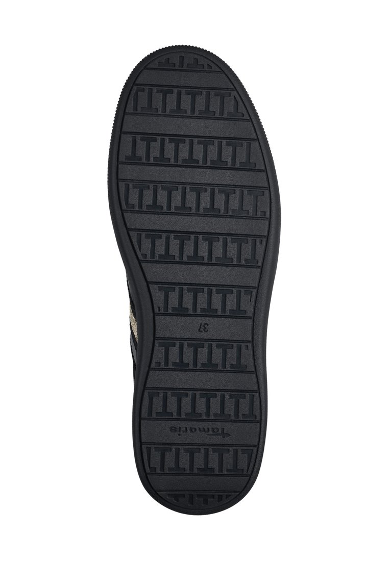 Schwarze Gummisohle mit strukturiertem Grip-Muster. Mit "Tamaris"-Markierung und der Größe "37" auf der Unterseite geprägt. Flaches Design.