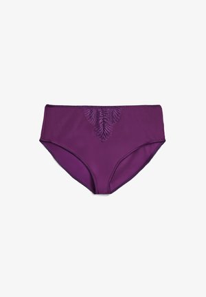 Purple high-waisted bikini bottom featuring lace detailing at the front, smooth fabric, and elastic waistband for a secure fit.