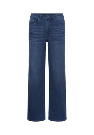 Jean en denim bleu foncé avec une coupe large, fermeture à bouton et zip à l'avant, et cinq poches.