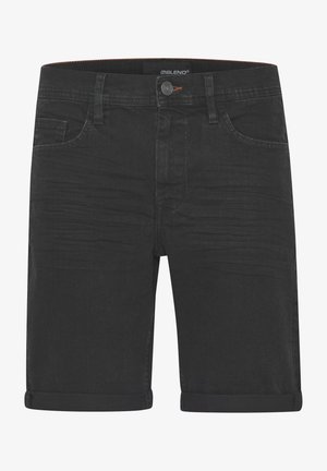 Sorte denim shorts med rullet kant, fem lommer og en lille metalknap foran. Teksturen er glat med subtile falmninger.