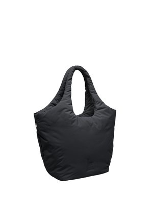 Black padded tote bag with soft, structured handles and a rounded, spacious body on a white background.