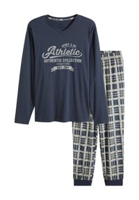 Maglietta a maniche lunghe blu navy con stampa bianca "Athletic"; abbinata a pantaloni del pigiama a quadri in tonalità grigio e blu navy, con vita elastica.