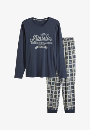 Maglietta a maniche lunghe blu navy con stampa bianca "Athletic"; abbinata a pantaloni del pigiama a quadri in tonalità grigio e blu navy, con vita elastica.