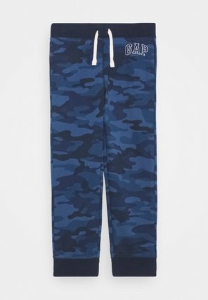 Joggerbukser med blå camouflageprint, marineblåt taljebånd og manchetter, hvide snore og GAP-logo på øverste venstre side.
