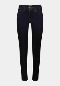 Tmavě modré skinny džíny s oranžovým prošíváním, zapínání na předním knoflíku a zip, poutka na opasek a dvě přední kapsy.