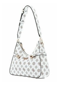 Borsa a mano bianca con superficie testurizzata, caratterizzata da un motivo a logo marrone, hardware dorato e una tracolla regolabile. Chiusura con zip nella parte superiore.